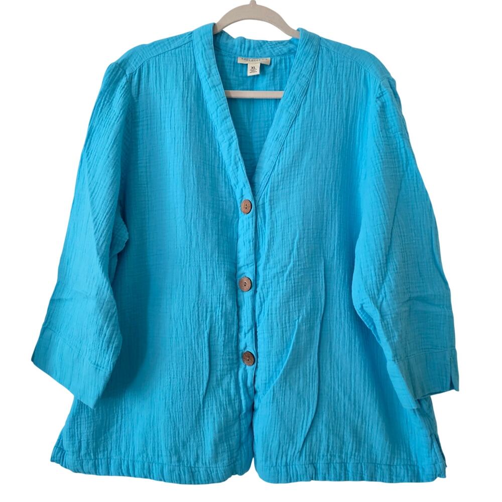 Appleseed's Vibrant Turquoise Gauze Button Short Sleeve Top size XL